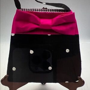 La Shea hot pink, bow, black, and white polkadotted evening bag